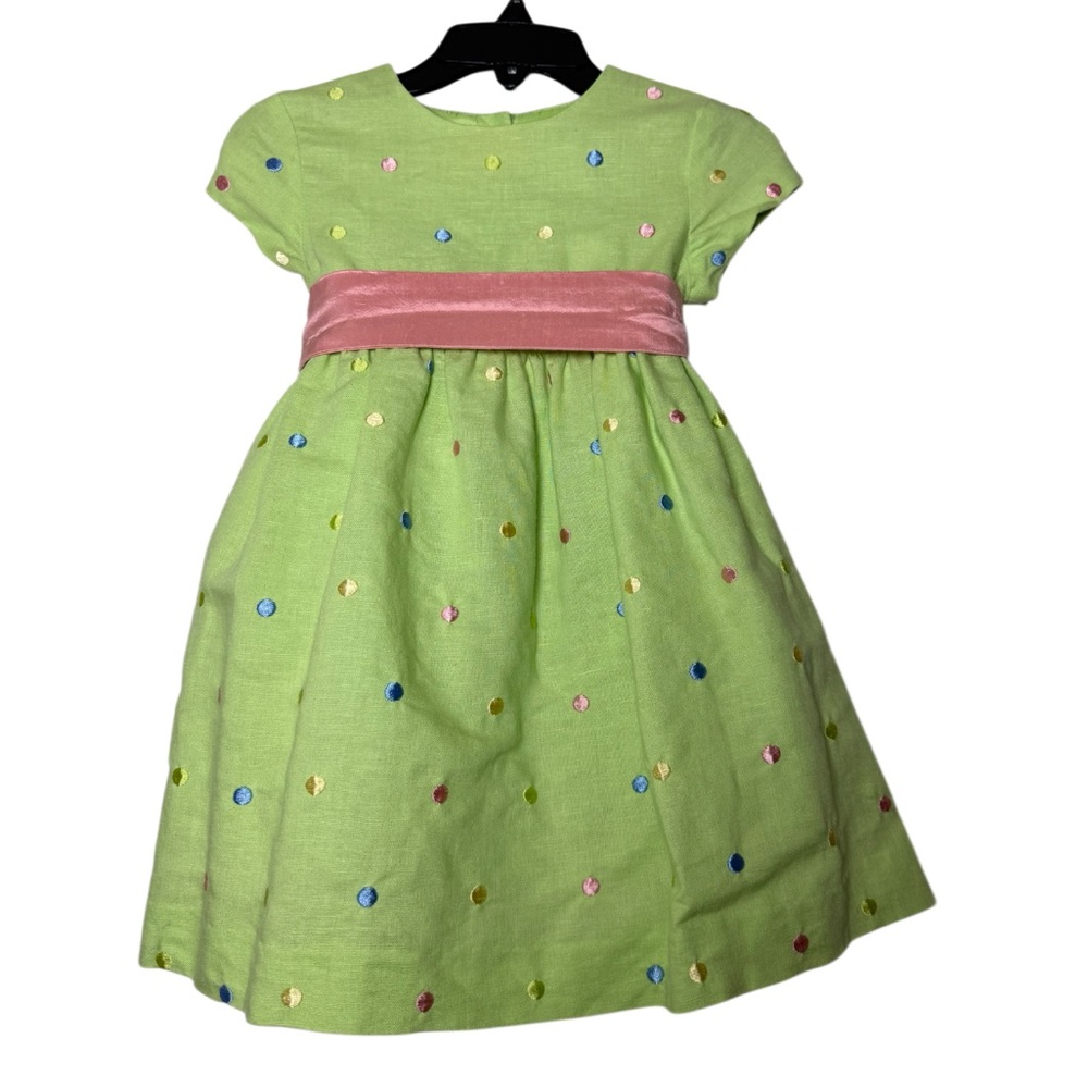 Talbots Light Green Dress with Pink Sash and Multicolor Dots-Size 12 months